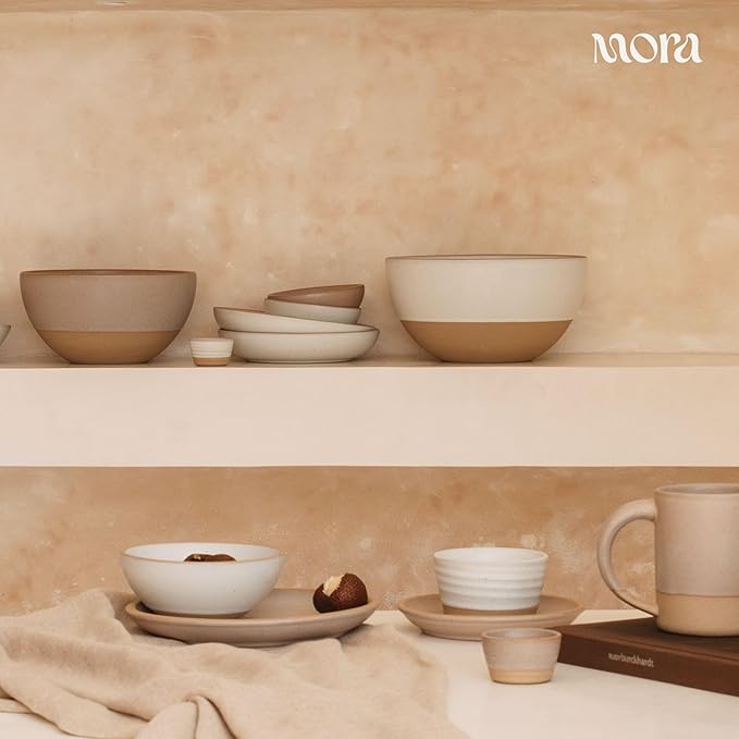 MORA Medium Dishes Set of 4, 30oz Ceramic Pottery Pasta Plate/Wide Bowls - Microwave, Oven and Dishwasher Safe - Oat