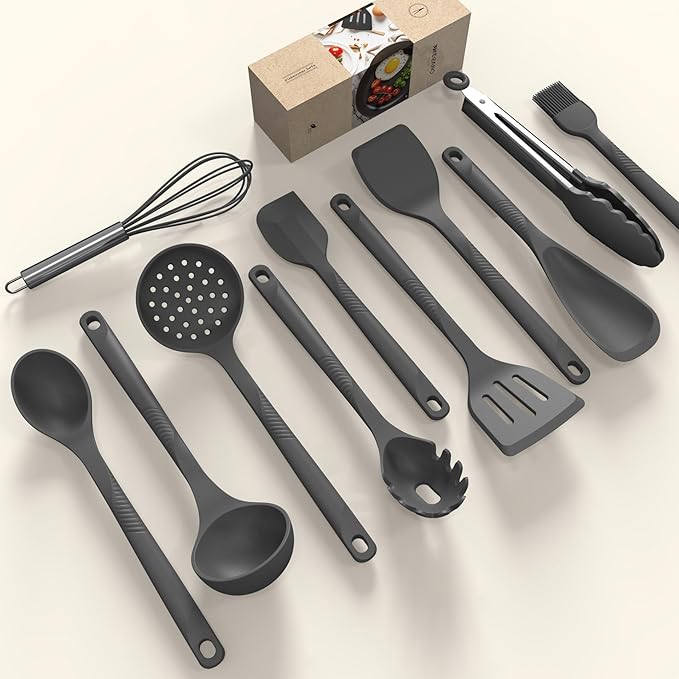 Silicone Cooking Utensils Set - 600째F Heat Resistant, Nonstick Kitchen Utensil Set with Spatulas, Spoons, Whisk, Tongs, BPA Free, Dishwasher Safe (Gray)