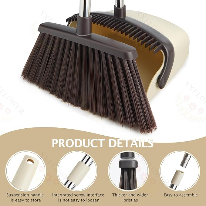 Broom and Dustpan Set with Long Handle, Heavy Dust Broom and Dustpan Combo for Home竊똊itchen, Office, Pet Hair(Beige)