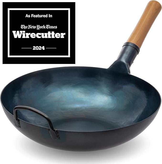 YOSUKATA Flat Bottom Wok Pan - 13.5" Blue Carbon Steel Wok + Wok Lid 12.8 Inch + 17" Spatula and Ladle Skimmer Spoon