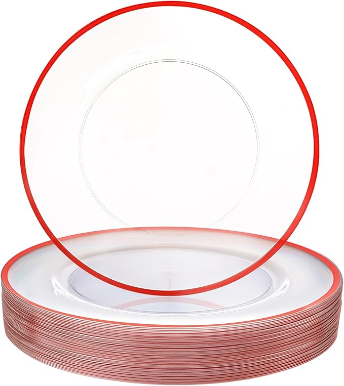 WDF 12 Inch Red Charger Plates - Charger Plates Bulk - 25Pack Plastic Clear and Red Charge Plate Perfect for Wedding/Party/Valentine's Day