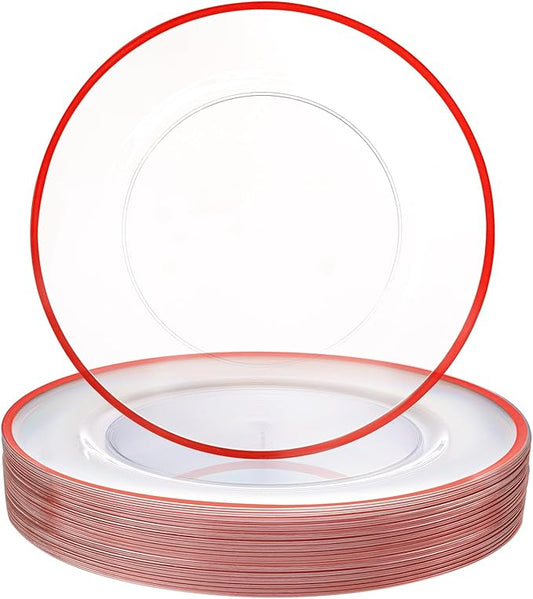 WDF 12 Inch Red Charger Plates - Charger Plates Bulk - 25Pack Plastic Clear and Red Charge Plate Perfect for Wedding/Party/Valentine's Day