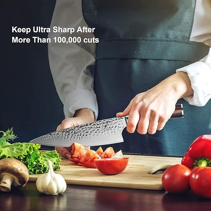imarku Damascus Chef Knife, 8 Inch Kitchen Knife Ultra Sharp Cooking Knife HC German Stainless Steel Japanese Knife for Kitchen, Hand-Hammered Design, Ergonomic Handle, Christmas Gifts for Men Women