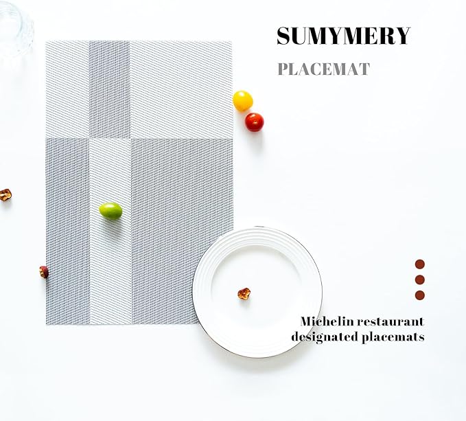 SUMYMERY Placemats Set of 12 Vinyl/Plastic Woven Place Mats for Kitchen Table Indoor/Outdoor Washable Placemat Wipeable Dining Table Mats (Silver Cube,12)