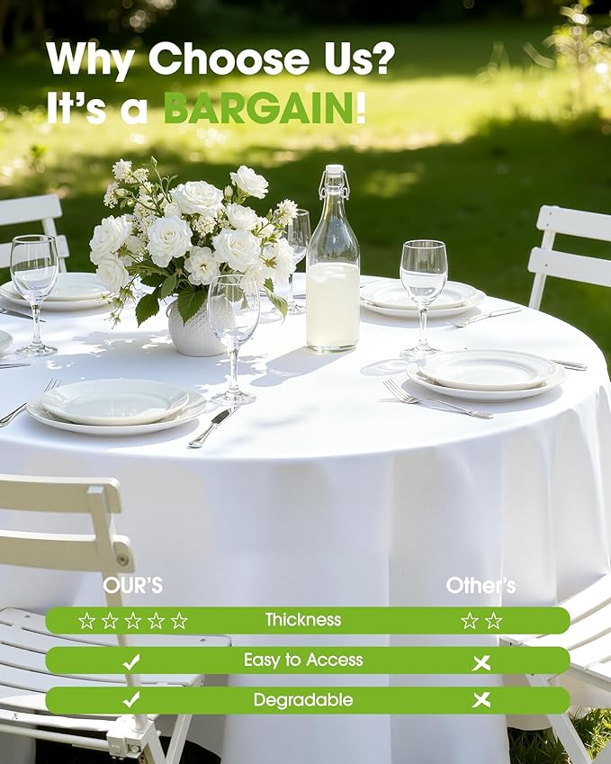 Pureegg Plastic Table Cloth Disposable 12 Pack, 84'' Round Table Cloths, Party, Picnic, Wedding, Decorative Tablecloths, Round, White Plastic Cover, Leakproof & Sturdy, White
