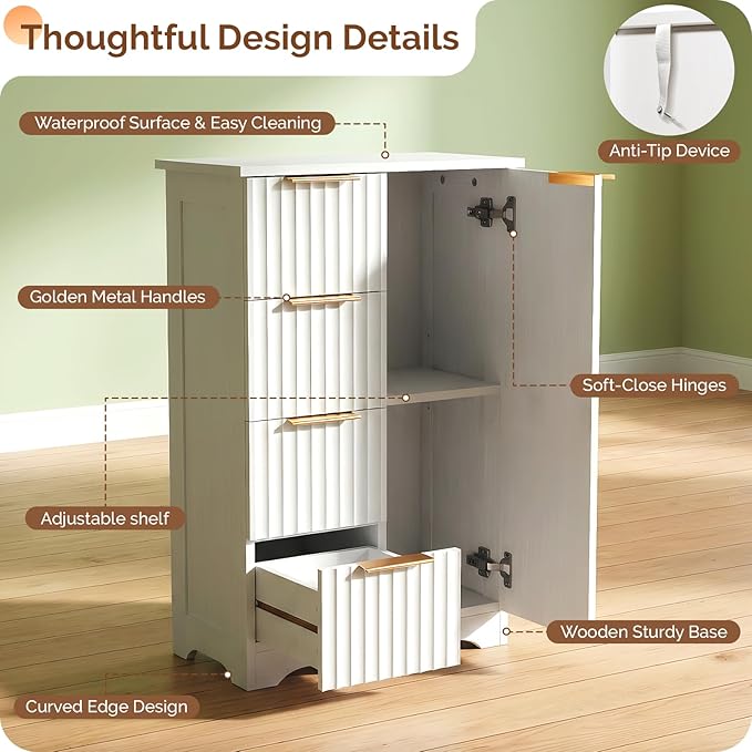 VINGLI Fluted Sideboard Buffet Cabinet, Modern White Wood Storage Console with Doors and Drawers, Multi-Function Storage Cabinet for Living Room, Dining Room, Kitchen, White