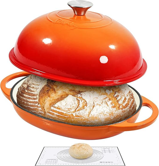 Davivy 6QT Oval Cast Iron Sourdough Dutch Oven with Silicone Baking Mat, Dutch Oven for Sourdough Bread, Non-stick Cast Iron Bread Cloche Bread Pan - Flame Orange