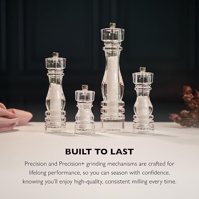 Cole & Mason London Refillable Spice Mill - Kitchen & Home Accessory - Salt & Pepper Grinder Set - Salt Mill with Ceramic Mechanism - Pepper Mill with Carbon Steel Mechanism - 7", Acrylic