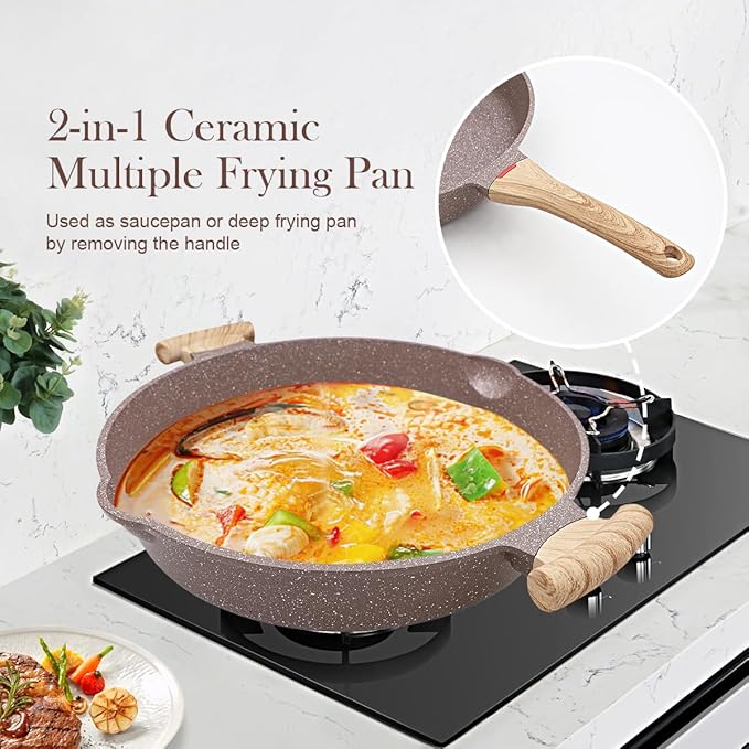 2-In-1 Ceramic Nonstick Deep Frying Pan Skillet, 12.5 Inch Saute Pan with Lid Non Toxic, PTFE & PFOA Free, Compatible with All Stovetops- Brown
