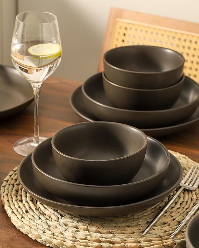 Stoneware Dinnerware Set for 4 Person,12 Pieces Ceramic Plates and Bowls Sets Matte Black Modern Dish Set for Kitchen Dinner,Scratch Resistant,Microwave and Dishwasher Safe,Round