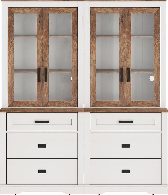 WAMPAT 2 Column 3 Tier Pantry Cabinet with Drawer,73.3" Tall Floor Standing Cupboard,Modern Farmhouse Kitchen Buffet with Adjustable Shelves and Glass Door for Dining Room,Living Room,White Oak