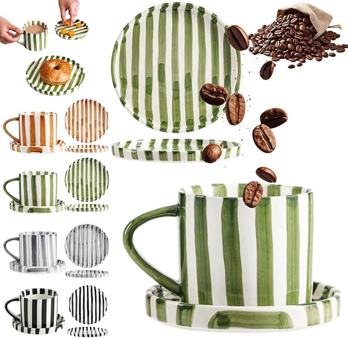 Retro Striped Hand-Painted Ceramic Mark Hand-Held Cup, Retro Striped Ceramic Coffee Mug, 9 oz Hand-Painted Stripeds Ceramics Coffee Mug with Cups, Saucers and Plates (Green-P)