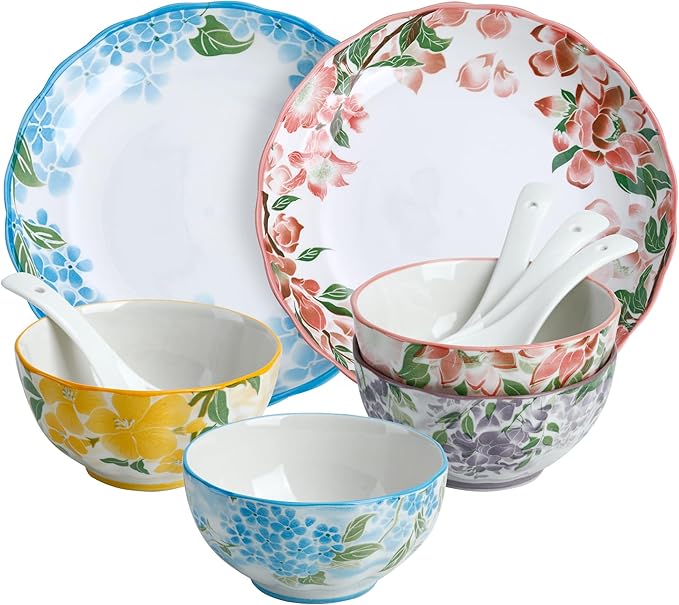 Premium Green Floral Porcelain Dinnerware Set of 2, 10-Piece Plates & Bowls for Family, Microwave & Dishwasher Safe, Luxury Gift Box Packaging