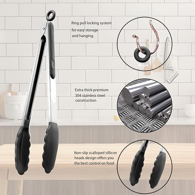 Kitchen Tongs with Silicone Tips,Tongs for Cooking Heat Resistant 600 Degrees Stainless Steel Locking Tongs,Black Set of 3-7", 9" and 12"