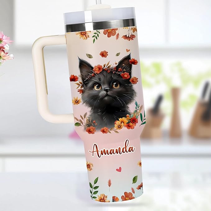 AGGLOMEKC Personalized Cute Cat Cup - Mother's Day Birthday Gift For Animal Lovers - Just A Girl Who Loves Cat Tumbler 40oz With Custom Name - Pet Lover Gifts For Women, Her