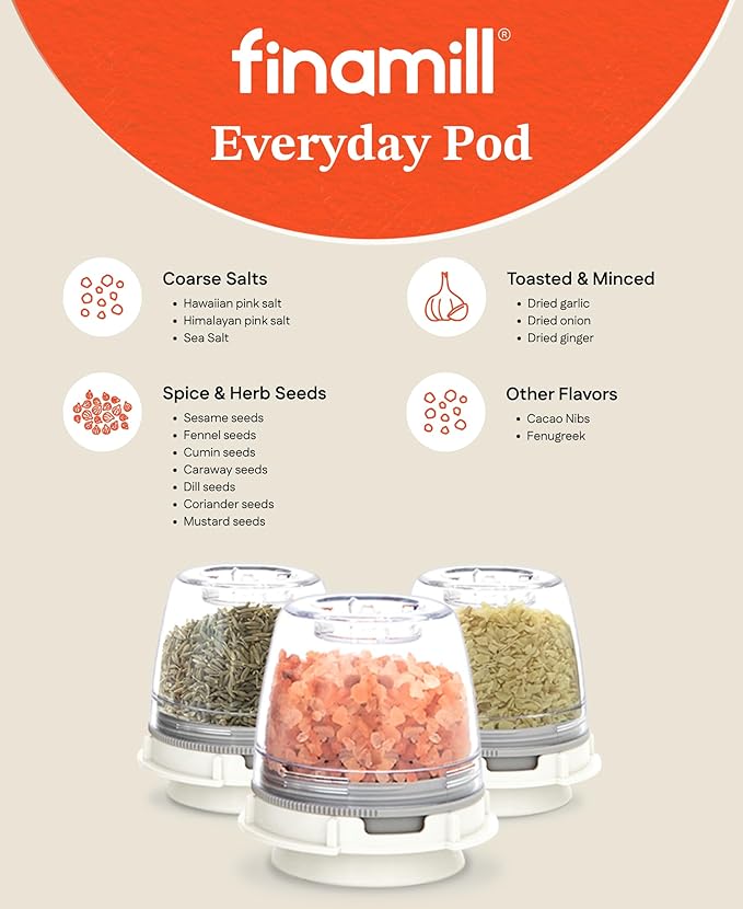 FinaMill Classic Battery Spice Mill ??Battery Operated Salt and Pepper Grinder Set, Includes 2 Interchangeable Spice Pods, Adjustable Coarseness, Ceramic Grinder, LED Light, Kitchen Gifts for Women