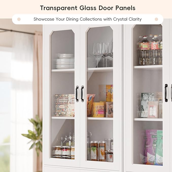 MU 78.7" Tall Kitchen Pantry with 2 Glass Doors, Freestanding China Cabinet with Adjustable Shelves, Large Kitchen Pantry Storage Cabinet Cupboard for Dining Room, Living Room, White (Large, 31.5" W)