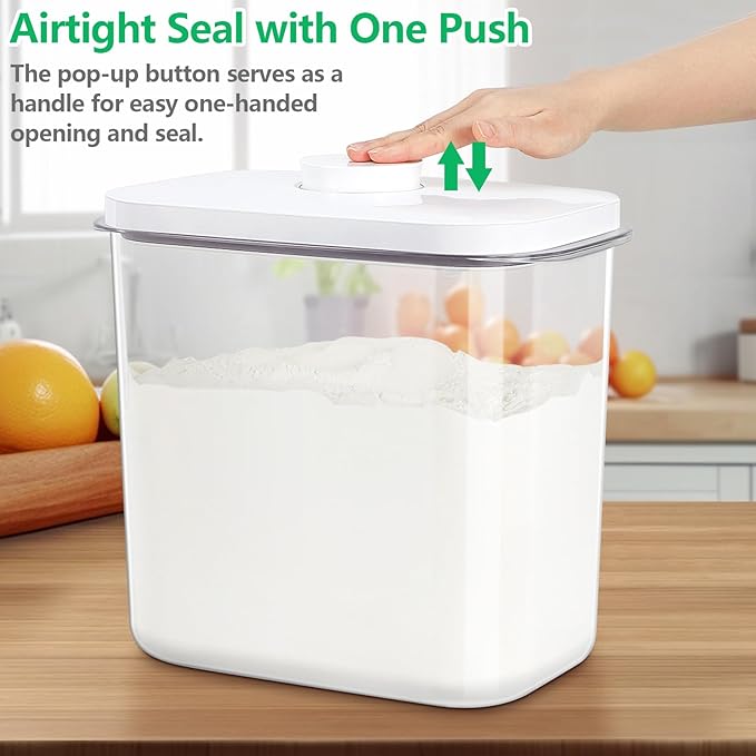 Airtight Rice Container 25 Lbs with Handle and Cup ??12.68Qt Large Flour Sugar Storage Container with Pop Up Seal & Hanging Lid Hooks, Clear Tall Food Storage Bin for Kitchen Pantry Organization