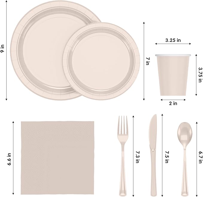 Exquisite 350 Pcs Ivory Paper Plates For Party, Ivory Disposable Plates Set, 50 Of Each 9" Dinner Plate Set, 7" Dessert Plate, Cups, Napkins & Cutlery Paper Dinnerware
