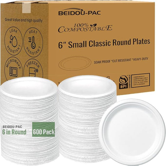 Small Compostable Heavy Duty Disposable Paper Plates, 600 Count | 6 Inch Round | Natural Bagasse, White Biodegradable Eco-Friendly Sugarcane Sandwich, Cake, Snack Dessert Tray