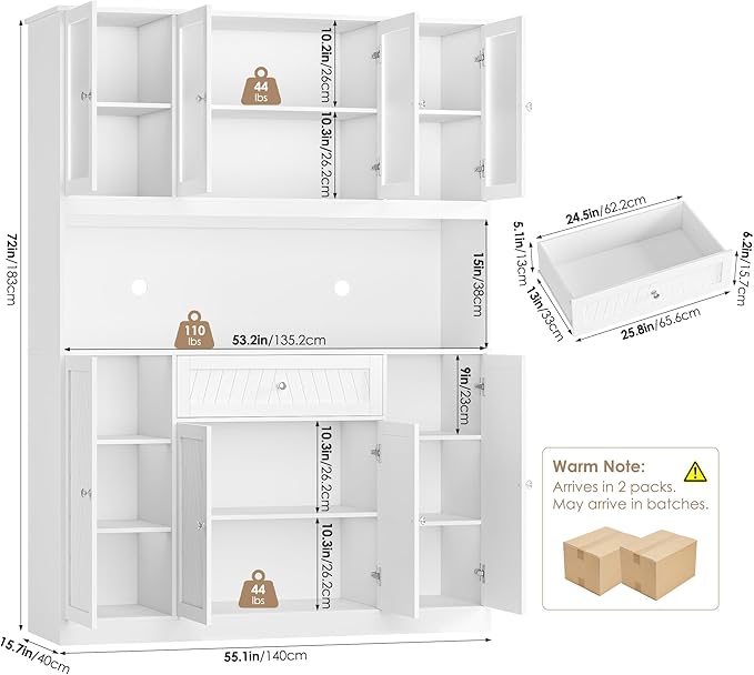 72" Large Pantry Cabinet with Doors and Drawer, 55.1" Wide Kitchen Cabinets with Countertop, White Kitchen Pantry Storage Cabinet for Dining Room, Living Room, Modern