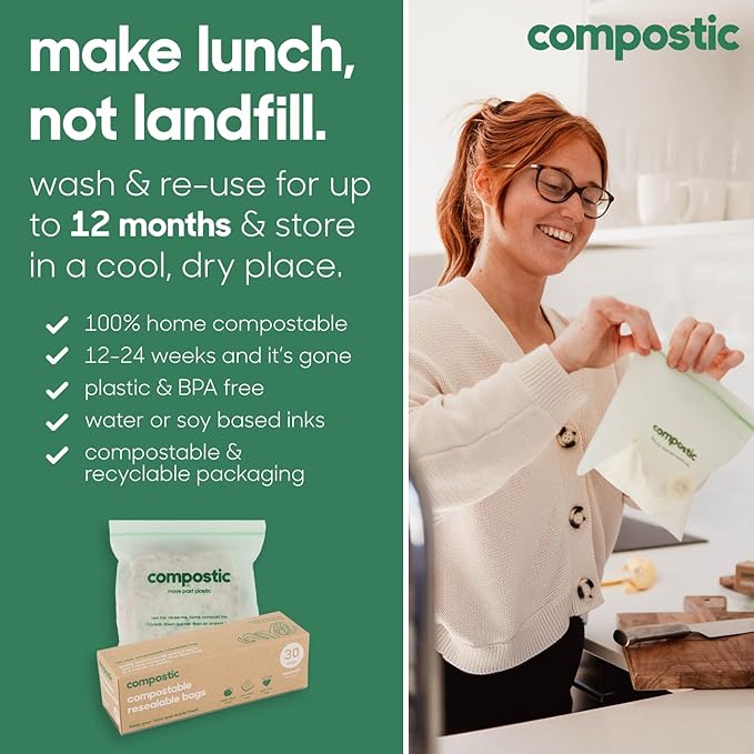 Compostic Home Compostable Resealable Sandwich Bags, Microwave & Freezer Safe, Organic Food Storage Container, 60 Count