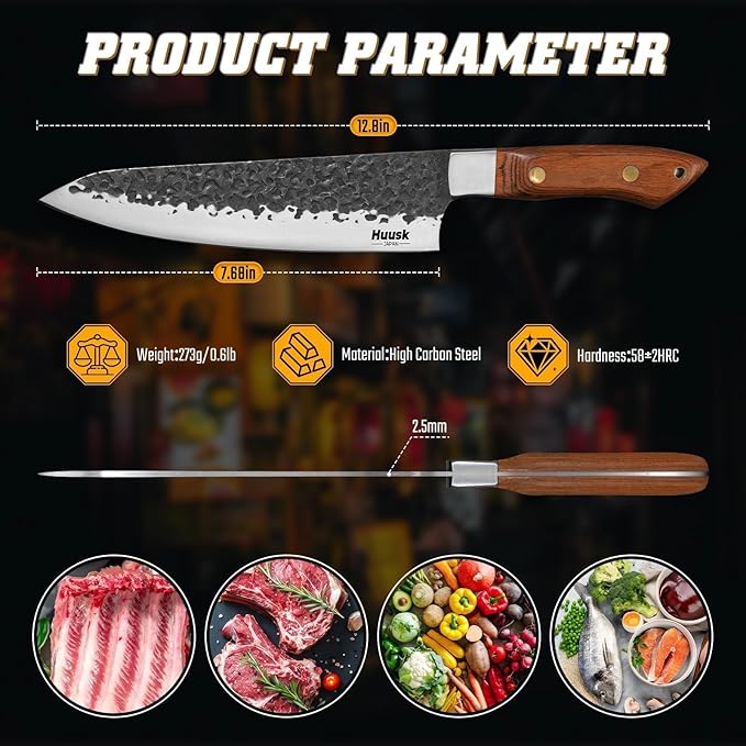 Huusk Japanese Chef Knife 8 inch, Hand Forged Kitchen Knives with Ergonomic Full Tang Handle, High Carbon Steel Cooking Knife for Home Kitchen, BBQ, Camping, Christmas Gifts for Man