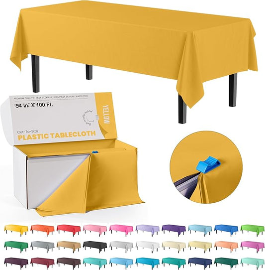 Party Solids 54 Inch X 100 Feet Yellow Plastic Table Cover Roll in A Cut - to - Size Box with Convenient Slide Cutter. Cuts Up to 12 Rectangle 8 Feet Plastic Disposable Tablecloths
