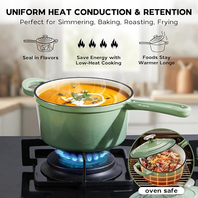 Onader 1QT Enameled Cast Iron Saucepan with Lid, Small Sauce Pan, Enamel Cast Iron Dutch Oven Cooking Kitchen Pot, Nonstick & Heavy Duty ??Pistachio Green