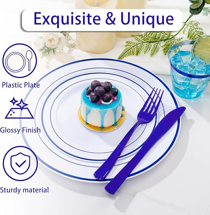 WELLIFE 350 Pieces Blue Plastic Plates - Disposable Silverware and Cups, Include: 50 Dinner Plates 10.25?? 50 Dessert Plates 7.5?? 50 Blue Cups 9 OZ, 50 Plastic Cutlery