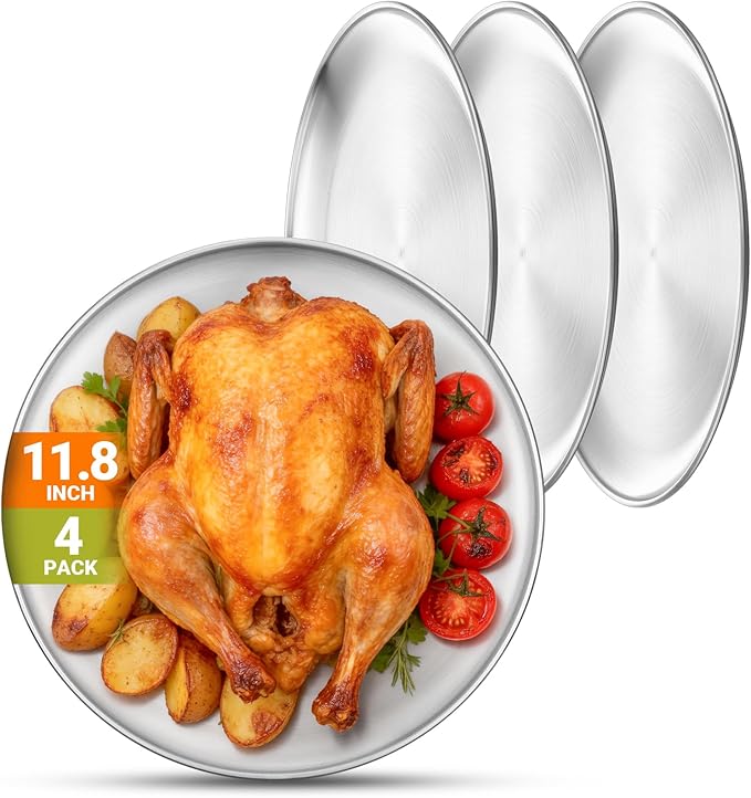 Stainless Steel Plates, 4 Pack 11.8 inch Large 201 Metal Food Serving Plate Set, Reusable Snack Eating Dishes Round Shatterproof Brushed Finish Dish Silver Dinner Lunch Oven Dishwasher Safe
