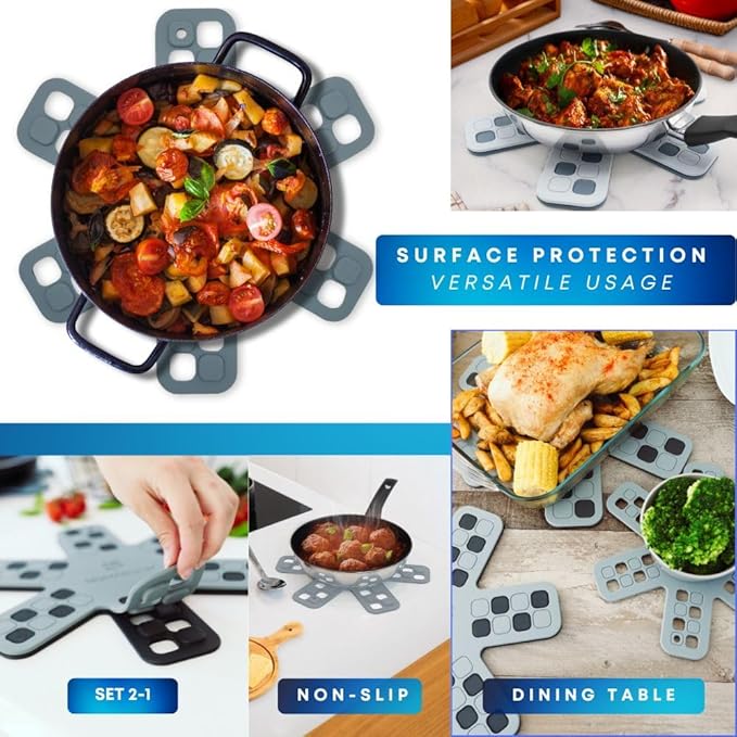 Dual-Use Silicone Pan Protectors for Stacking & Trivets for Hot Dishes | Silicone Trivet Mat | Perfect for Pot and Pan Protectors for Stacking | Cookware Protectors for Stacking (M-BLU/BLU)