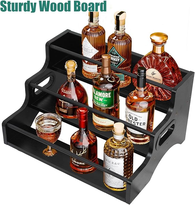 AT-VALY 3-Tier Liquor Bottle Display Shelf, Iron&MDF Countertop Wine Rack, Liquor Cabinet for Home Decor, Mini Bar(Black Grain)