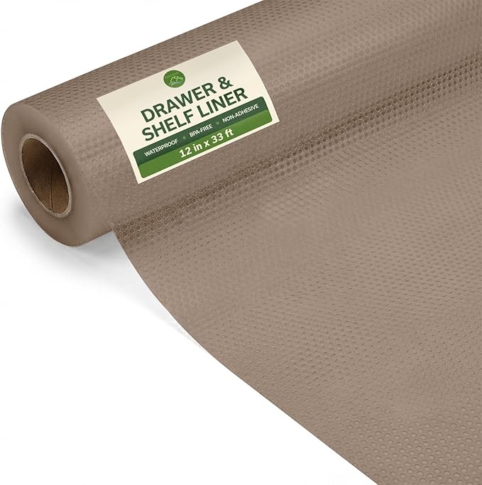 EVALAND Shelf Liners for Kitchen Cabinets Non-Adhesive 12" x 33 FT Beige Drawer Liner Non Slip, Washable Cabinet Liner, Waterproof Shelf Liners for Cabinets, Refrigerator Bathroom Pantry Cabinet Mat