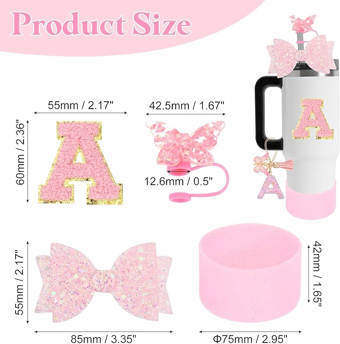 uxcell 8Pcs Cup Accessories Set for Cup Tumbler with Handle, Including Silicone Straw Cover, Boot, Spill Proof Stopper, Handle Charm, Initials Sticker(Letter A, Pink)