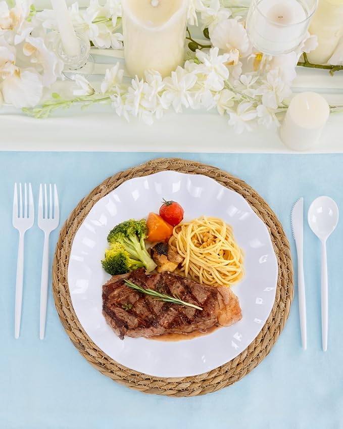 LIYH 20 Pcs 10 Incn White Scalloped Plastic Plates Reusable - Unbreakable Plastic Dinner Plates Camping Outside Plate Dishwasher Safe for Wedding Parties Birthdays Picnics - BPA Free