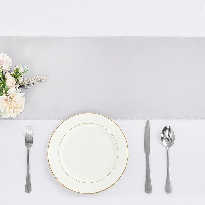 4-Pack Silver Satin Table Runner 12 x 108 Inch Long Bright and Smooth Silk Fabric Table Runner for Wedding Banquet Birthday Party Decoration