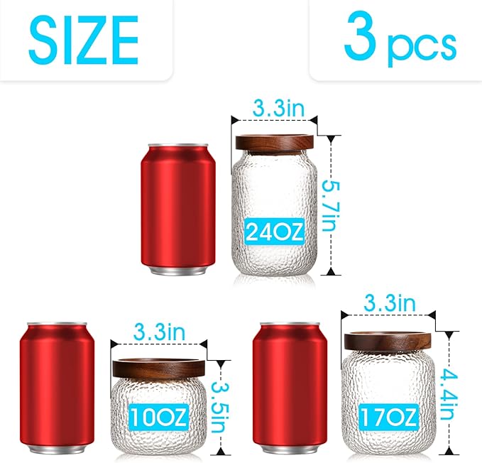 NUTRIUPS Glass Jars with Lids, Set of 3 Storage Jars with Airtight Lids Acacia Wood Top Glass Canisters - 10oz, 17oz, 24oz