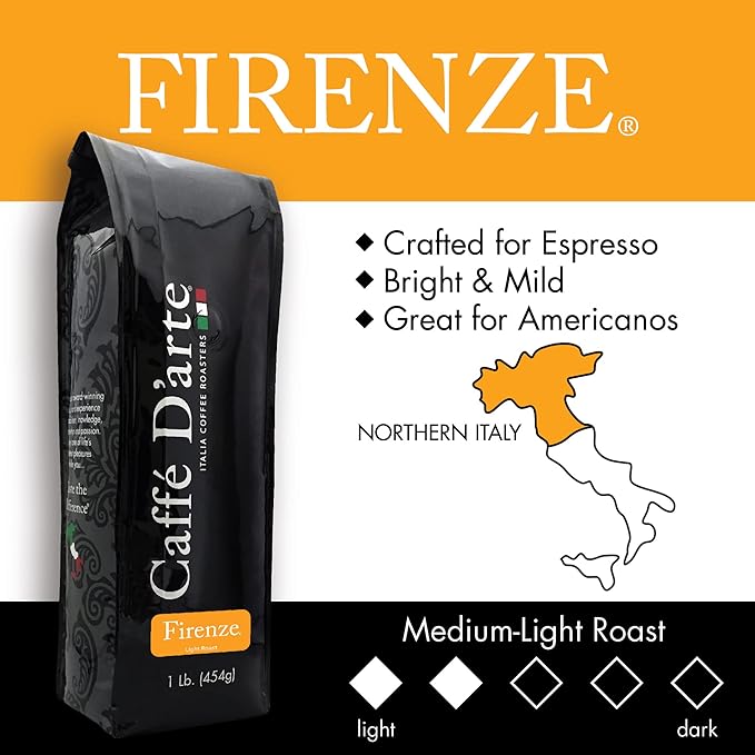 Caff챕 D'arte Firenze Whole Bean Espresso ??Medium Light Roast, Bright & Mild Flavor with Sweet & Smooth Aroma ??Fresh Roasted in Seattle, Crafted for Espresso & Americanos ??1 lb Bag, Pack of 2