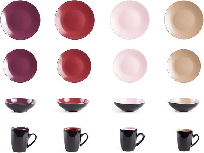 Colors Life 16 Dinnerware Set竊똎utside Shinny Black + Inside Matte Finished Color Very Berry
