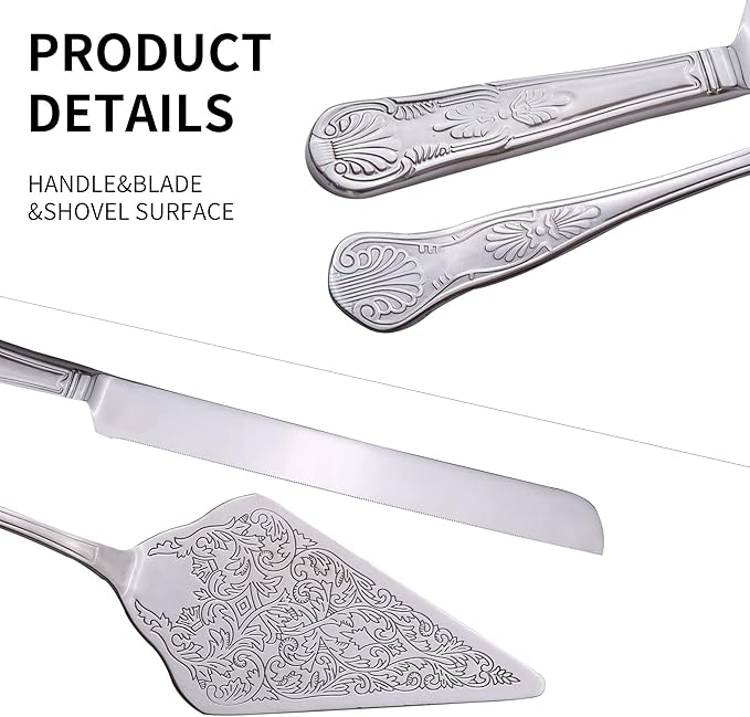 Vintage Wedding Cake Knife and Server Set, Stainless Steel Cake Pie Pastry Cutting Knife & Serving Spatula Set, Premium Party Supplies for Wedding, Birthday, Anniversary & Events, Silver