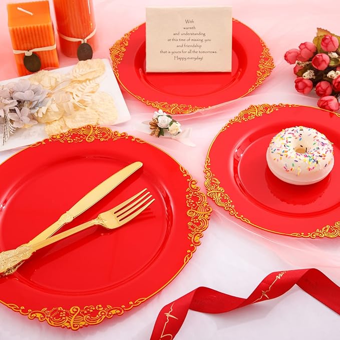 Morejoy 175PCS Red Plastic Plates,Red Disposable Plates With Gold Rim,Red and Gold Plastic Dinnerware Set Includes: 50 Plates,25 Silverware Sets,25 Cups,25 Napkins,Perfect for Party,Wedding,Christmas