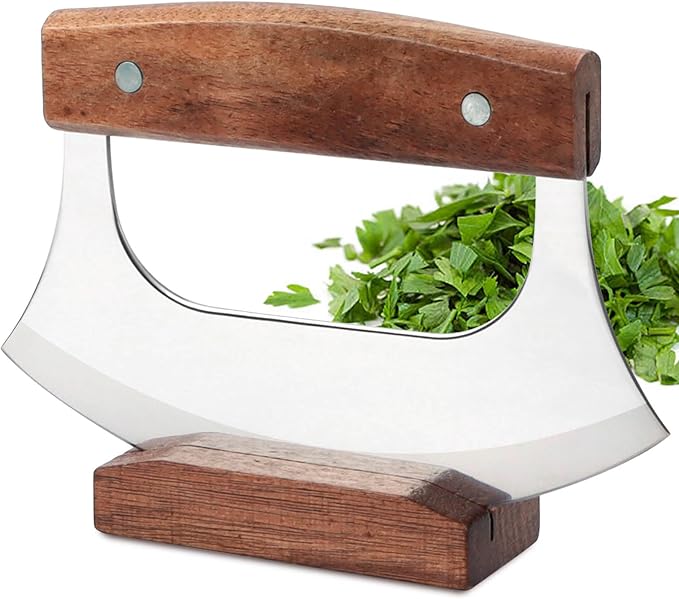 KAYCROWN Ulu Knife, Sharp Rocker Mezzaluna Knife with Wooden Stand, Alaskan Ulu for Pizza Cutter, Vegetable, Salad, Mezzaluna Chopper