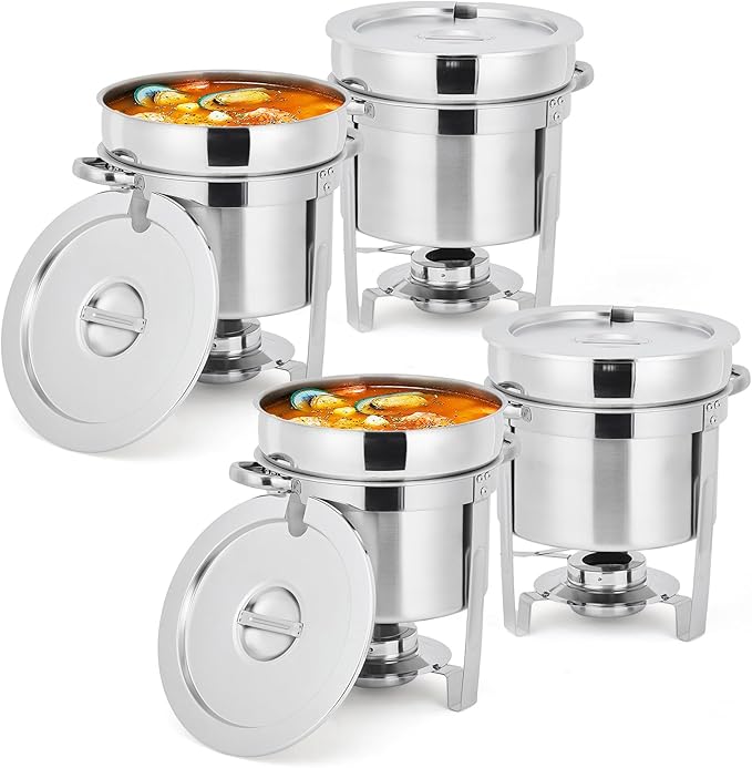 Garvee 7QT Commercial-Grade Soup Chafer Set of 4, Stainless Steel Round Food Warmers with Pots, Notched Lids & Fuel Holders, Commercial Buffet Equipment for Large Banquet Service & Buffet Catering