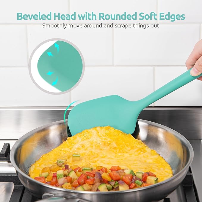600쨘F Heat Resistant Kitchen Utensil: U-Taste 13.6" Extra Long Silicone Cooking Tools Set, Food-Grade Non-Stick Solid and Slotted Turner Spatula, Mixing Spoon, and Soup Ladle (5 Pieces, Aqua Sky)
