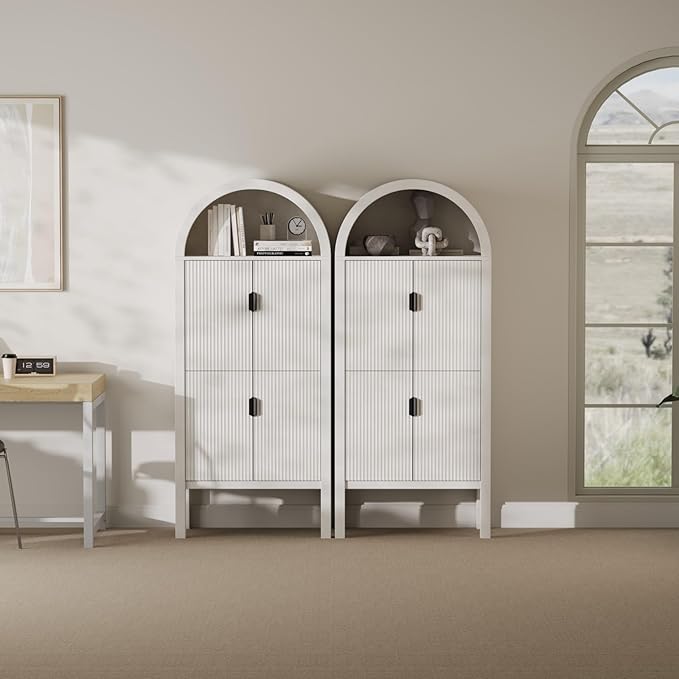 71" Tall Arched Fluted Storage Cabinet - Modern Pantry Cabinet with 4-Tier Shelves, Open Display & Sealed Storage, Accent Sideboard for Living Room Kitchen Dining Room (Antique White)