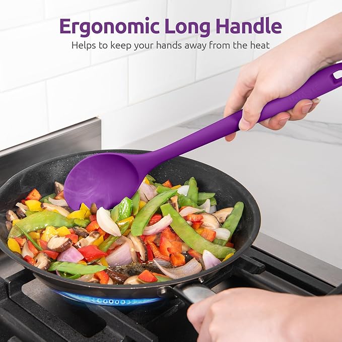 600쨘F Heat Resistant Silicone Spoon: U-Taste 13.3in Solid Kitchen Cooking Spoon, Nonstick Food Grade Large & Long Soup Rubber Utensil for Mixing, Serving, Stirring, Basting, for Pot Cookware (Purple)