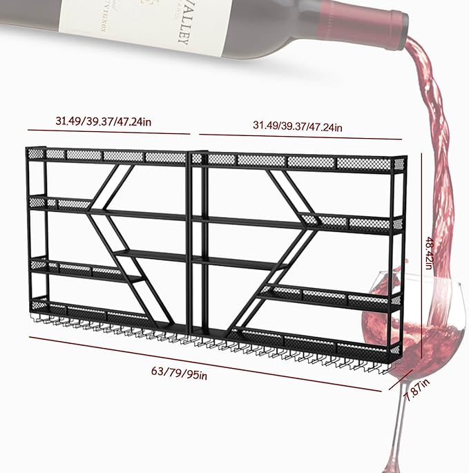Wall Mounted Wine Rack, Large Metal Wine Bottle Holder, Modern Fashion Diamond Shaped Floating Bar Unit Wine Storage Shelves, for Home Restaurant Bars Decor (Black, 4 Tier - 79in)
