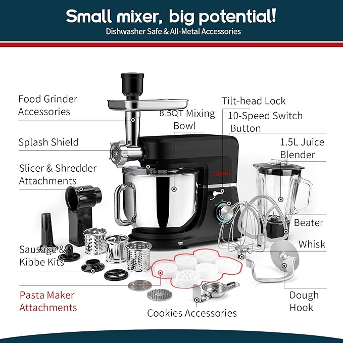COOKLEE 6-IN-1 Stand Mixer, 8.5 Qt. Multifunctional Electric Kitchen Mixer with 9 Accessories for Most Home Cooks (Black1)