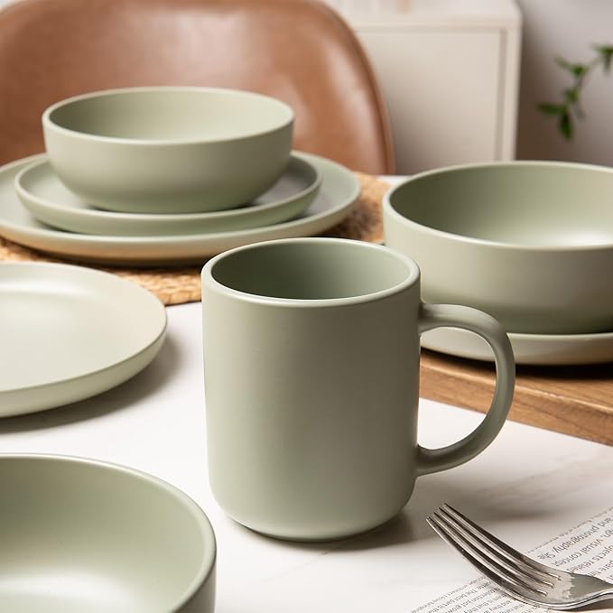 Furrnook 12-Piece Stoneware Dinnerware Set with Mugs | Microwave and Dishwasher Friendly | Stackable Matte Glaze Plates & Bowls | Service for 3 (Green for 3)